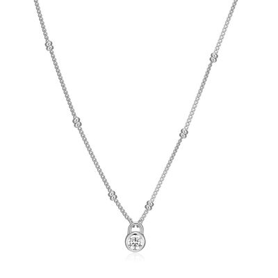 Lock Pendant Beaded Curb Chain Necklace with Lab-Grown Diamonds, Silver