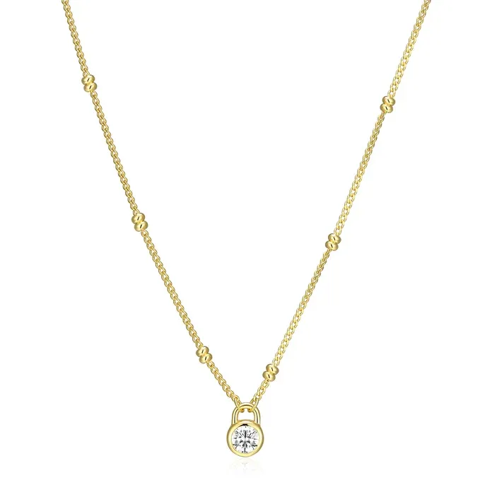 Lock Pendant Beaded Curb Chain Necklace with Lab-Grown Diamonds, Gold