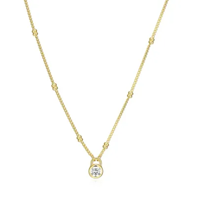 Lock Pendant Beaded Curb Chain Necklace with Lab-Grown Diamonds, Gold