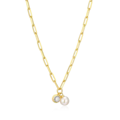 Birthstone Necklace with Genuine Freshwater Pearl and Lab-Grown Diamond