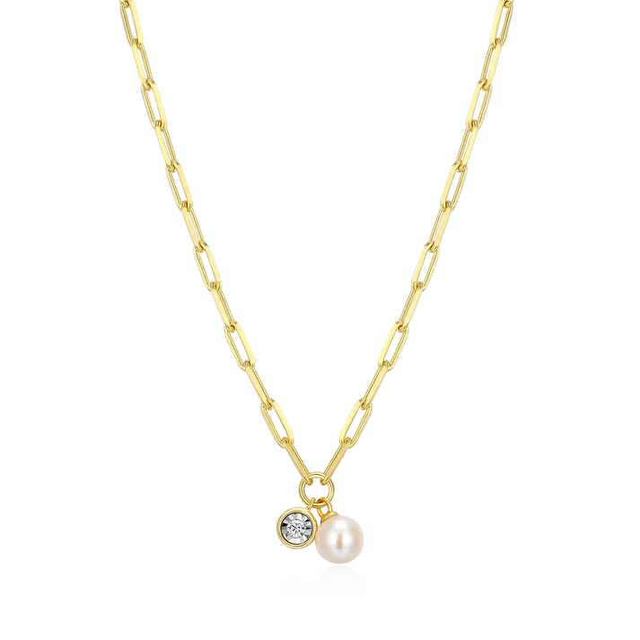 Birthstone Necklace with Genuine Freshwater Pearl and Lab-Grown Diamond