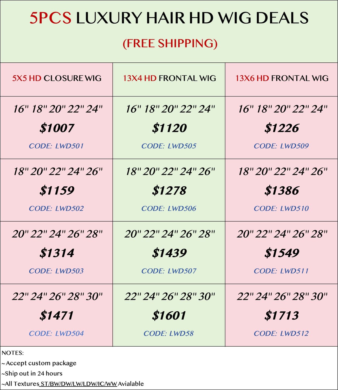 Luxury Hair 5pcs HD Wig Deals