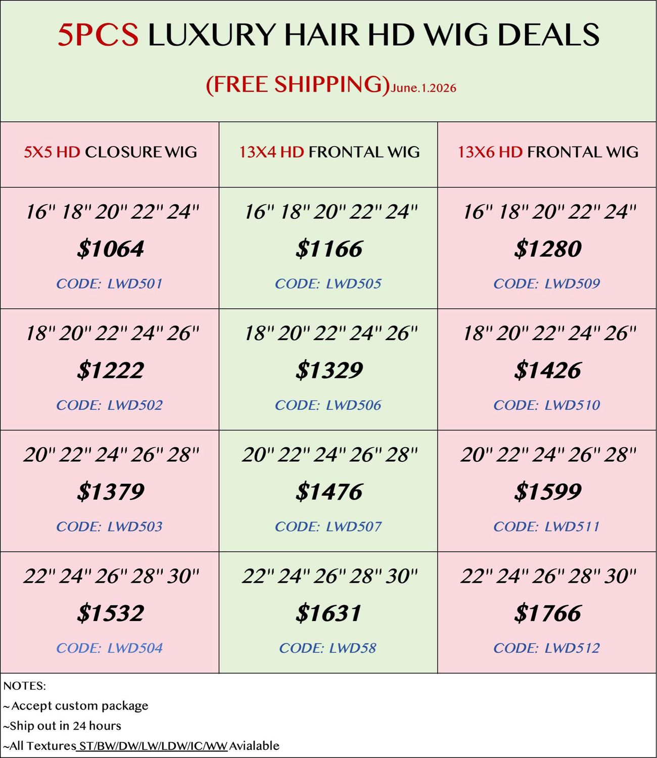Luxury Hair 5pcs HD Wig Deals