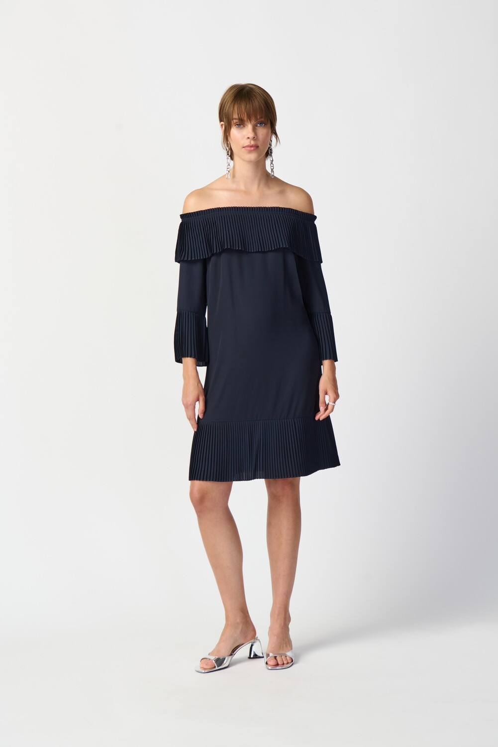 Joseph Ribkoff Georgette Off-the-Shoulder A-line Dress, Color: Midnight Blue, Size: 14