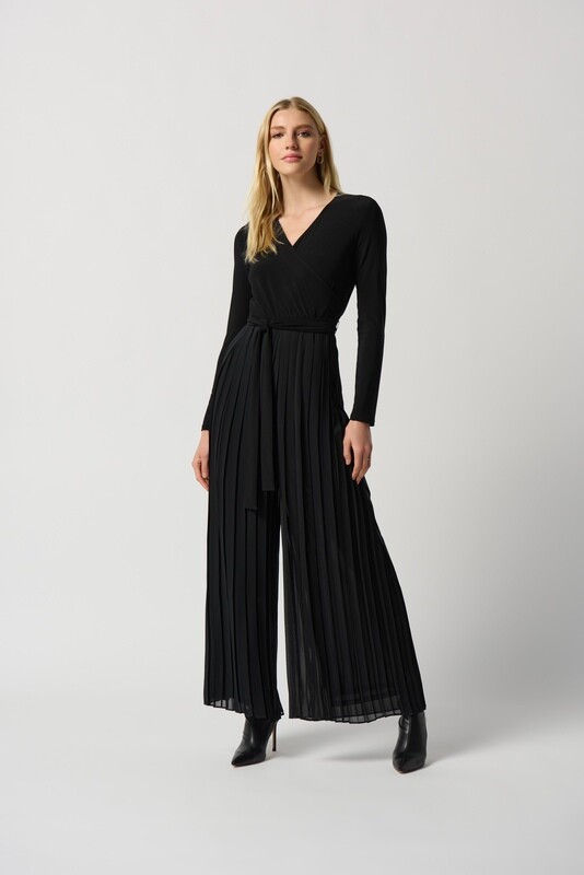 Joseph Ribkoff Pleated Chiffon Wide-Leg Wrap Jumpsuit