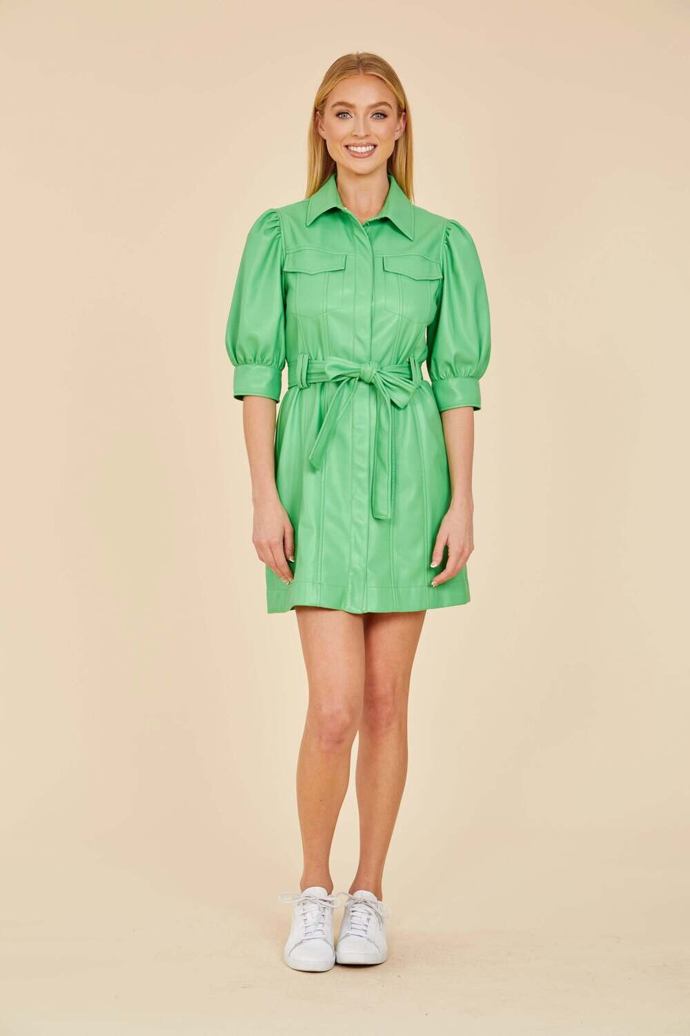 Dolce Cabo Faux Leather Belted Dress with Puff Sleeves