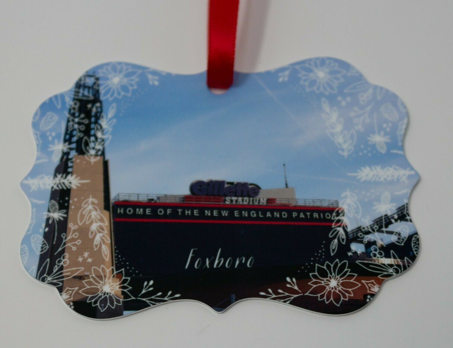​3"x 3" Ornate 2-sided Metal Ornament With Image of the old Gillette Stadium Lighthouse.