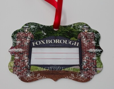 Special Order Item-3"x 3"Ornate 2 Sided Metal Ornament With Photo Image of the Iconic Foxboro Lions Sign -Personalize With Name and Message