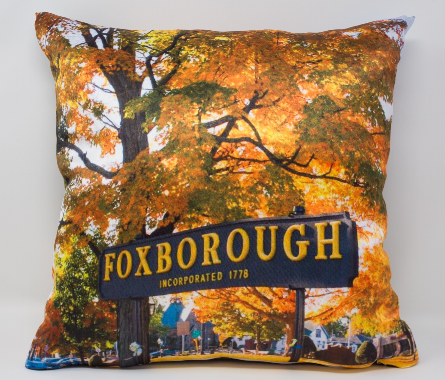 Foxboro Gallery-14"x 14" Double Sided Photo Pillow-Foxboro Iconic Sign and Common in Autumn