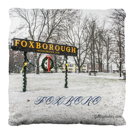 Foxboro Gallery-12"x 12" Double Sided Photo Pillow of the Iconic Foxboro Sign in Snow Winter Scene