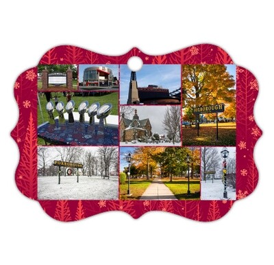 3"x 3"-2-Sided Ornate Metal Ornament, With a Collage of Images of Foxboro, and Iconic Lions Foxboro Sign with, "Merry Christmas".