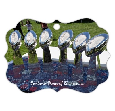 3"x3"- 2-Sided Ornate Metal Ornament With Image of New England Patriots 6X Championship Trophies, "Foxboro Home of Champions"