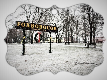3&quot;x 3&quot; Ornate 2-Sided Metal Ornament of Photo Image of the Iconic Foxboro Sign and Common Snow Scene