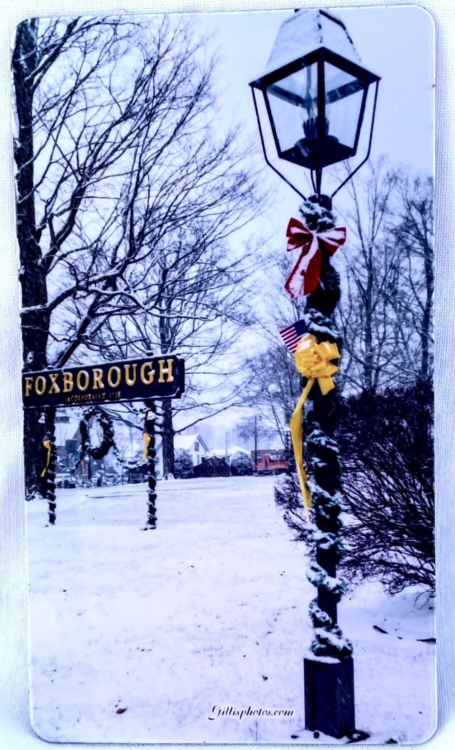 3"x 2" Photo Magnet of Image of Foxboro Common Old Lamp Post and Iconic Foxboro Sign.