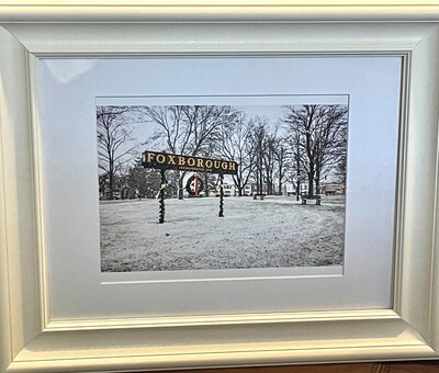 11x14 Matted and Framed Image of the Iconic Foxboro Sign in Snow Winter Scene.
