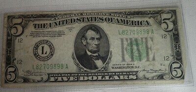 1934 A $5 FEDERAL RESERVE NOTE {SAN FRANCISCO} L827