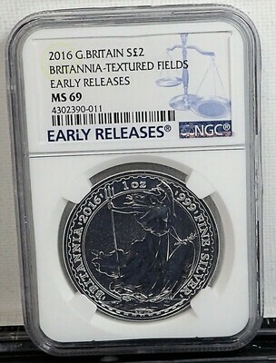 2016 G. BRITAIN 1 OZ SILVER BRITANNIA-TEXTURED FIELDS {EARLY RELEASE} NGC MS 69