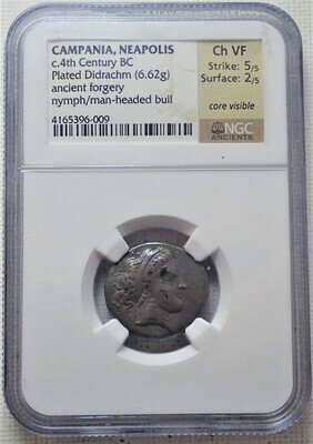 CAMPANIA, NEAPOLIS C.4TH CENTURY BC (PLATED DIDRACHM ANCIENT FORGERY) NYMPH-MAN-HEADED BULL