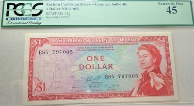 1965 $1 EAST CARIBBEAN CURRENCY AUTHORITY SCWPM# 13G PCGS EX FINE 45 B85