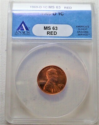 1969 D 1 CENT LINCOLN ANACS MS 63 RED 4094020