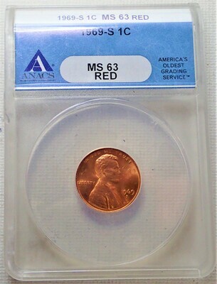 1969 S 1 CENT LINCOLN ANACS MS 63 RED