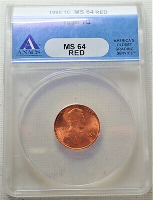 1990 1 CENT LINCOLN ANACS MS 64 RED 4129977