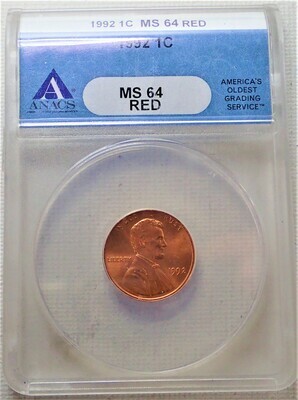 1992 1 CENT LINCOLN ANACS MS 64 RED