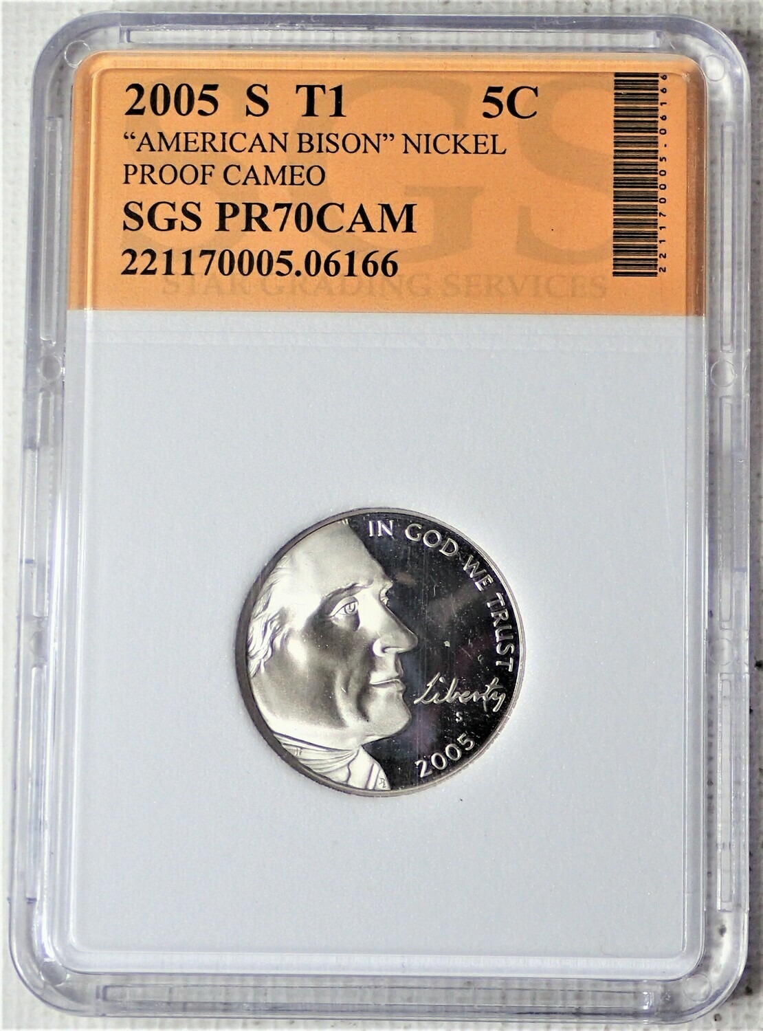2005 S JEFFERSON NICKEL TYPE 1 AMERICAN BISON (PROOF CAMEO) SGS 06166