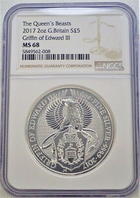 2017 2OZ G. BRITAIN (THE QUEEN'S BEAST) GRIFFIN OF EDWARDS lll  NGC MS68 5849562 008