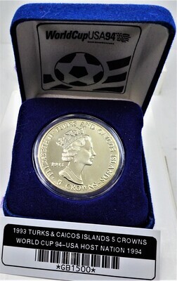 1993 TURKS &CAICOS ISLAND 5 CROWNS WORLD CUP 1994 USA HOST NATION 1994 ( PROOF) GB1500