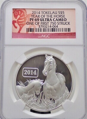 2014 $5.00 TOKELAU ISLAND HORSE 1 OZ TROY SILVER NGC PF69DCAM ONE OF FIRST 750 3793214 064