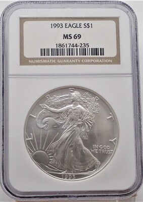 1993 $1 AMERICAN EAGLE SILVER NGC MS69 1861744 235