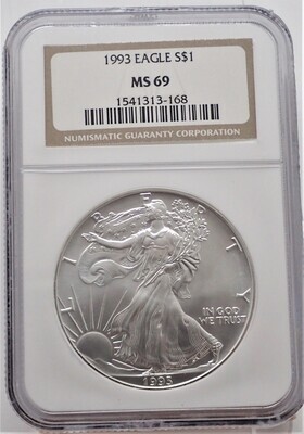 1993 $1 AMERICAN EAGLE SILVER NGC MS69 1541313 168