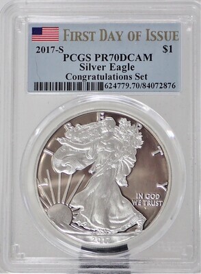 2017 S $1 SILVER AMERICAN EAGLE (FIRST DAY OF ISSUE) PCGS PR70 DCAM 624779 70 84072876