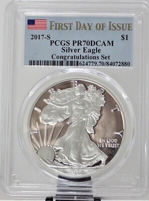2017 S $1 SILVER AMERICAN EAGLE (FIRST DAY OF ISSUE) PCGS PR70 DCAM 624779 70 84072880