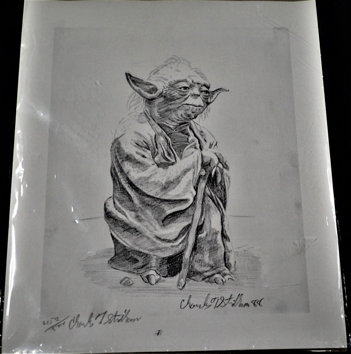 Vintage 1988 Charles T. Stidham Pencil Rendering of Star Wars YODA