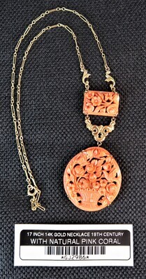 17 INCH 14K GOLD NECKLACE 19TH CENTURY WITH NATURAL PINK CORAL