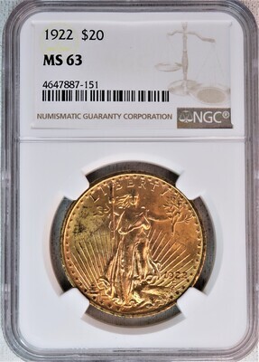 1922 $20 GOLD SAINT GAUDENS NGC MS63