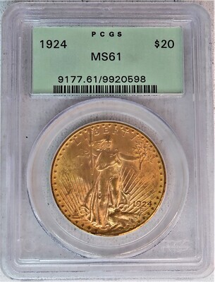 1924 $20 GOLD SAINT GAUDENS PCGS MS61
