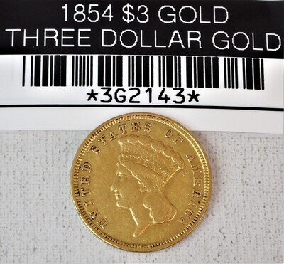1854 $3 GOLD THREE DOLLAR GOLD