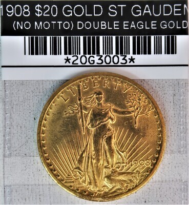 1908 $20 GOLD ST GAUDENS (NO MOTTO) DOUBLE EAGLE GOLD