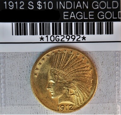 1912 S $10 INDIAN GOLD (NO MOTTO) EAGLE GOLD