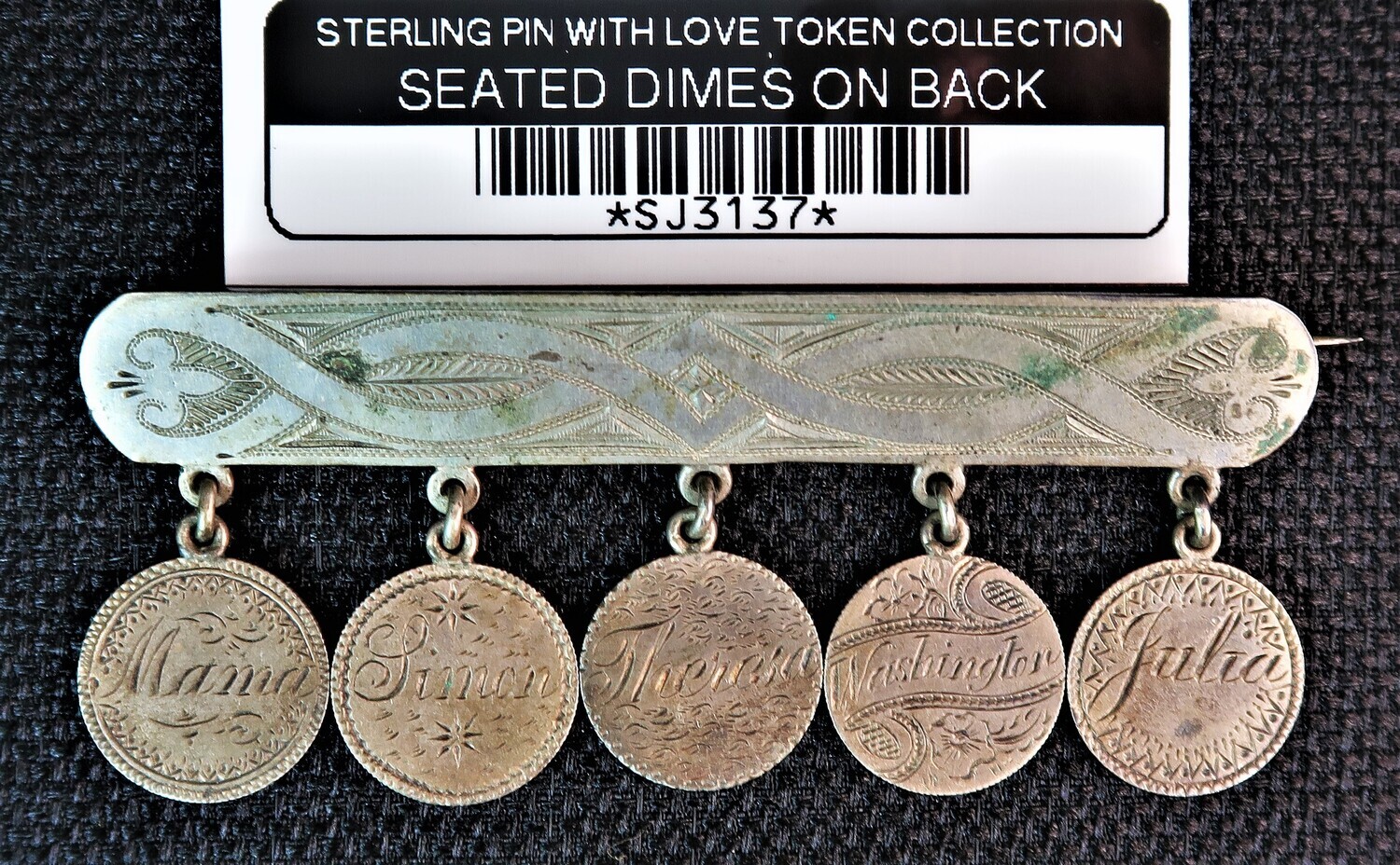 STERLING PIN WITH LOVE TOKEN COLLECTION SEATED DIMES ON BACK