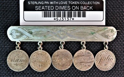 STERLING PIN WITH LOVE TOKEN COLLECTION SEATED DIMES ON BACK
