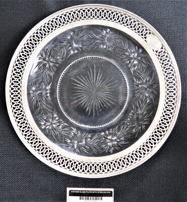 VINTAGE GLASS PLATE WITH STERLING RIM