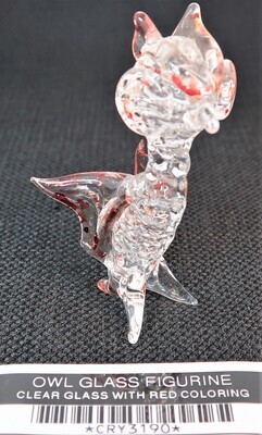 OWL GLASS FIGURINE CLEAR GLASS WITH RED COLORING