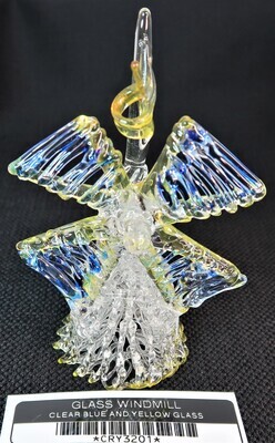 GLASS WINDMILL CLEAR BLUE AND YELLOW GLASS