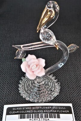 GLASS STAND WITH FLOWER AND GULL CLEAR COLORED GLASS AND PINK FLOWER