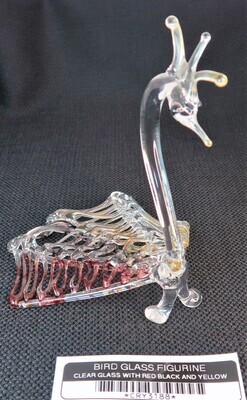 BIRD GLASS FIGURINE CLEAR GLASS WITH RED BLACK AND YELLOW