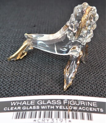 WHALE GLASS FIGURINE CLEAR GLASS WITH YELLOW ACCENTS